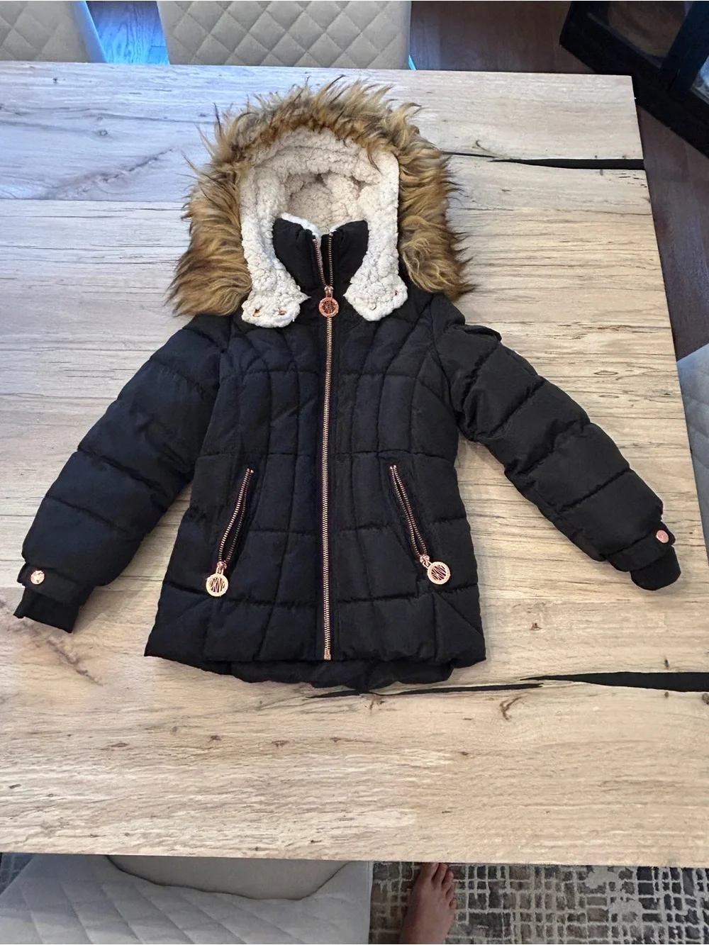 DKNY Black Kids Puffer Jacket with Faux Fur Trim Hood
